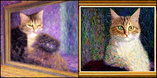 a photo of a cat looking at herself in a mirror in Monet style